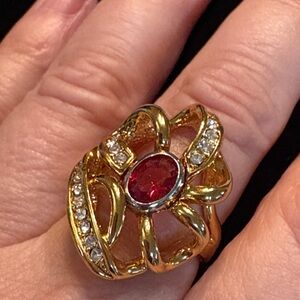 FJ Fallon Vintage cocktail stamped Cage Swirl CZ accented red stone Ring